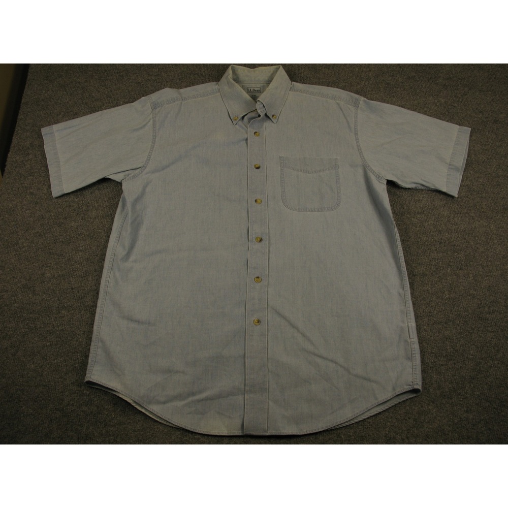 LL Bean Mens M Regular Denim Shirt Short Sleeve Blue Cotton 248933